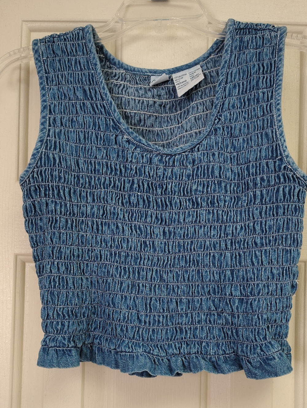Vintage Denim Blue Smocked Crop Top with Ruffle Hem